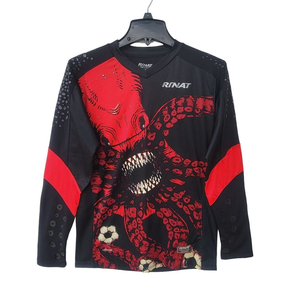 Sz YL Rinat Unisex Kraken Goalkeeper Jersey Long Sleeve Black Red octopus design